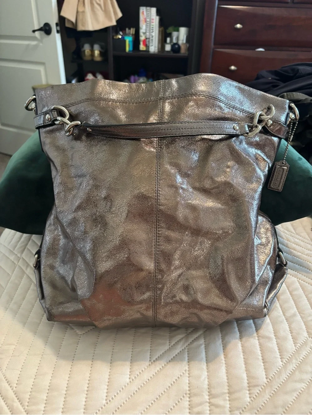 Coach Metallic Leather Tote Shoulder Bag – Pewter Gunmetal | Large Everyday Purs